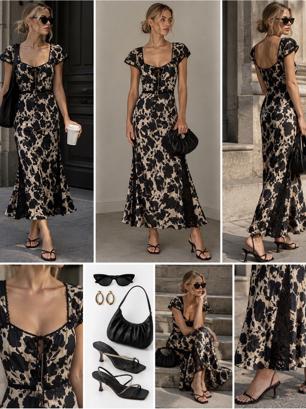 Jen’s Pirate Booty NWT Black Cream Floral Lace Trim Midi Dress 100% viscous